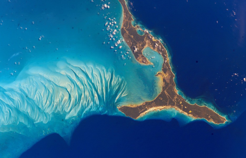 The south end of Eleuthera Island in the Bahamas was photographed by an astronaut aboard the International Space Station in 2002.