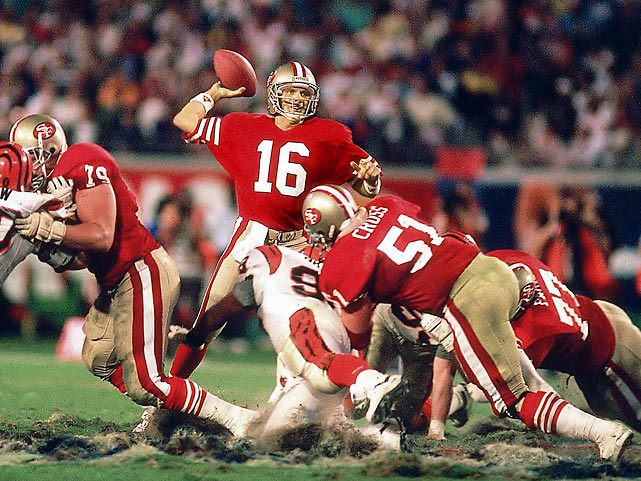 Super Bowl XXlll   Joe Montana calmly points out to Harris Barton that John Candy is in the crowd before leading the Niners to game winning drive ending with TD pass to John Taylor