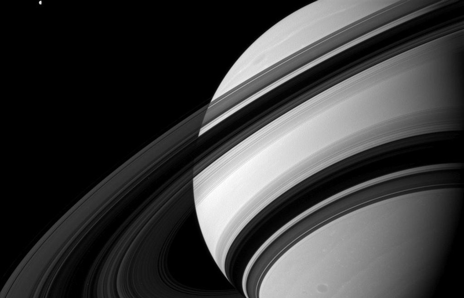 The view was captured at a distance of approximately 1.5 million miles from Saturn.