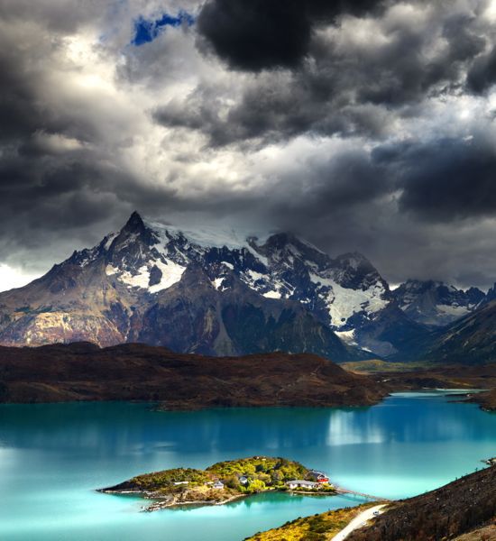 Lake Peho and Cuernos mountains from Torres del Paine National Park, Patagonia, Chile.