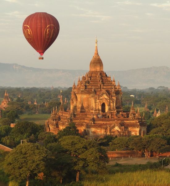 Bagan temples in Myanmar from a hot air balloon.