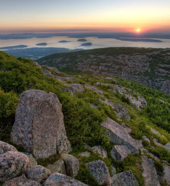 Acadia National Park and Bar Harbor, seen from the peak of Cadillac Mountain, Maine