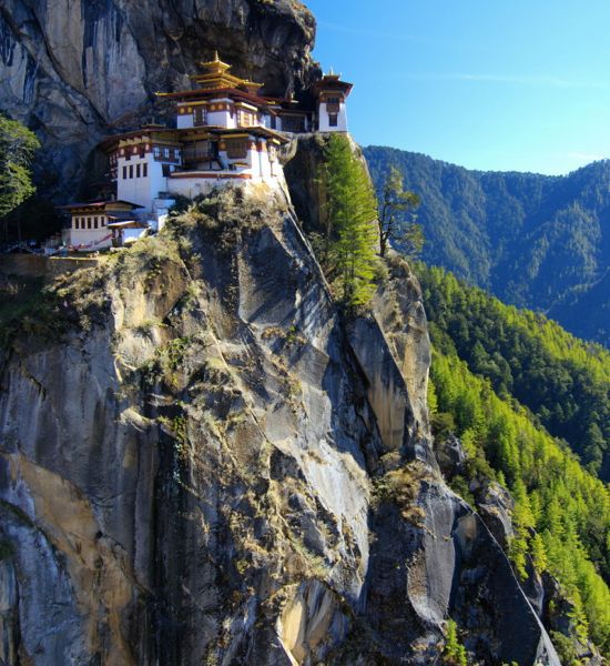 The Tiger's Nest in Bhutan from the Taktsang Cafeteria along the cliffside path in Paro, Bhutan.