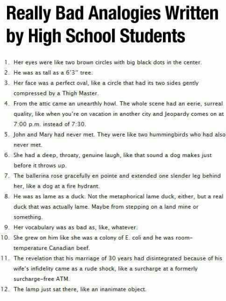 High school kids' analogies.