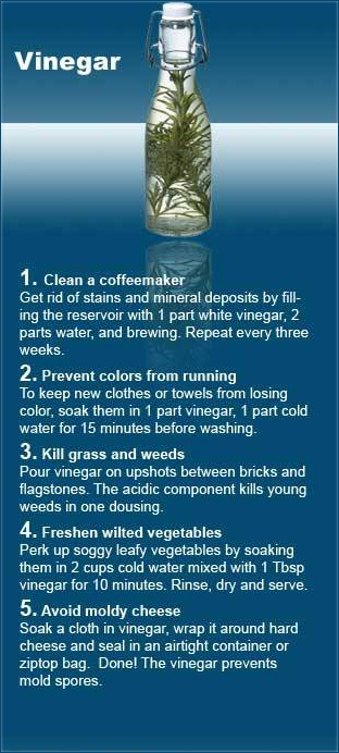 water resources - Vinegar 1. Clean a coffeemaker Get rid of stains and mineral deposits by fill ing the reservoir with 1 part white vinegar, 2 parts water, and brewing. Repeat every three weeks. 2. Prevent colors from running To keep new clothes or towels