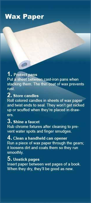 sky - Wax Paper 1. Protect pans Put a sheet between castiron pans when stacking them. The thin coat of wax prevents rust. 2. Store candles Roll colored candles in sheets of wax paper and twist ends to seal. They won't get nicked up or scuffed when they're