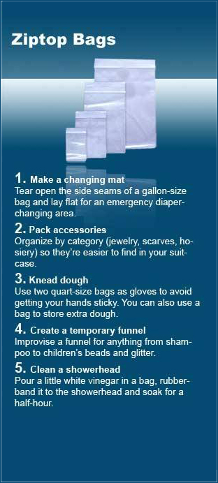 water resources - Ziptop Bags 1. Make a changing mat Tear open the side seams of a gallonsize bag and lay flat for an emergency diaper changing area. 2. Pack accessories Organize by category jewelry, scarves, ho siery so they're easier to find in your sui