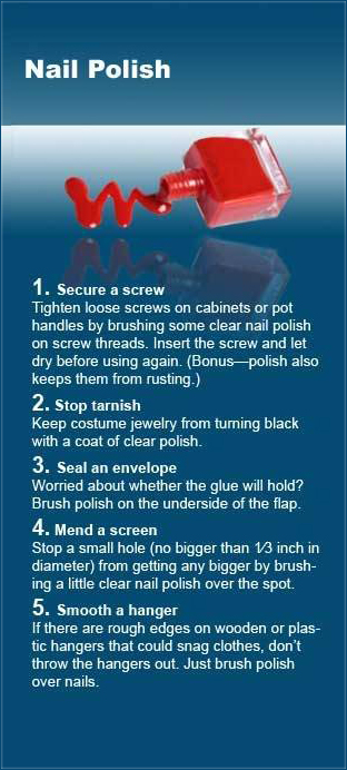 water - Nail Polish 1. Secure a screw Tighten loose screws on cabinets or pot handles by brushing some clear nail polish on screw threads. Insert the screw and let dry before using again. Bonuspolish also keeps them from rusting. 2. Stop tarnish Keep cost