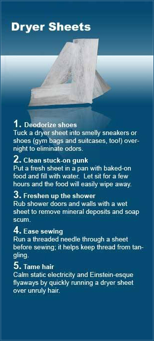 water resources - Dryer Sheets 1. Deodorize shoes Tuck a dryer sheet into smelly sneakers or shoes gym bags and suitcases, too! over night to eliminate odors. 2. Clean stuckon gunk Put a fresh sheet in a pan with bakedon food and fill with water. Let sit 