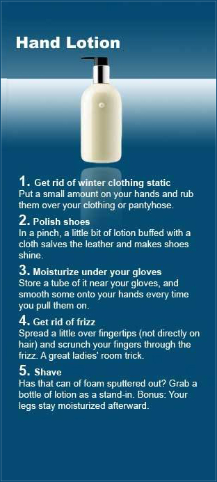 water - Hand Lotion 1. Get rid of winter clothing static Put a small amount on your hands and rub them over your clothing or pantyhose. 2. Polish shoes In a pinch, a little bit of lotion buffed with a cloth salves the leather and makes shoes shine. 3. Moi