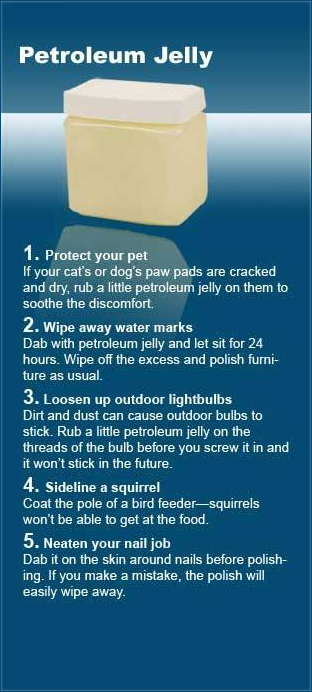 water - Petroleum Jelly 1. Protect your pet If your cat's or dog's paw pads are cracked and dry, rub a little petroleum jelly on them to soothe the discomfort. 2. Wipe away water marks Dab with petroleum jelly and let sit for 24 hours. Wipe off the excess