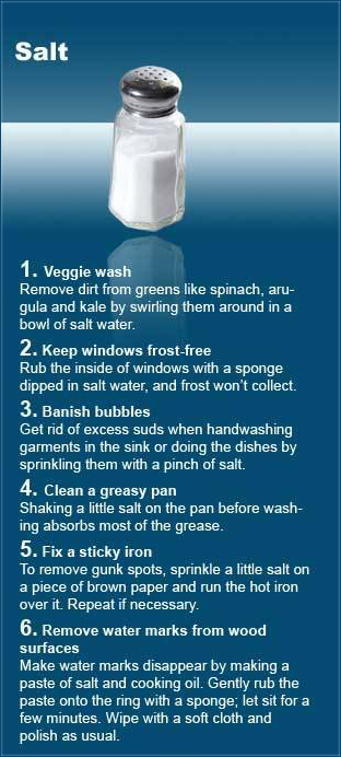 Cleaning - Salt 1. Veggie wash Remove dirt from greens spinach, aru gula and kale by swirling them around in a bowl of salt water. 2. Keep windows frostfree Rub the inside of windows with a sponge dipped in salt water, and frost won't collect. 3. Banish b