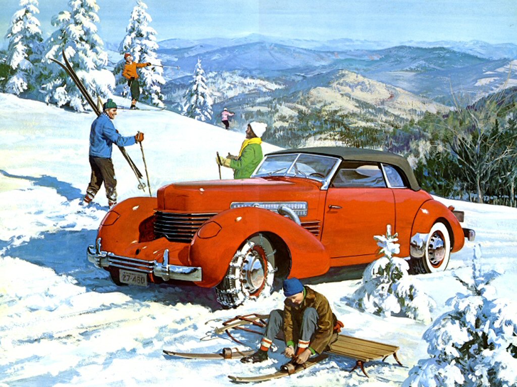 1937 Cord 812 Convertible Advertising Art Work Winter Scene