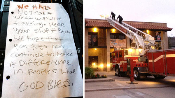 By Willian Avila, NBCLosAngeles.comBurglars who stole computers from an office building in the suburbs of Los Angeles returned the items  along with a letter of apology  after apparently realizing they had ransacked a nonprofit that helps victims of sexual violence.