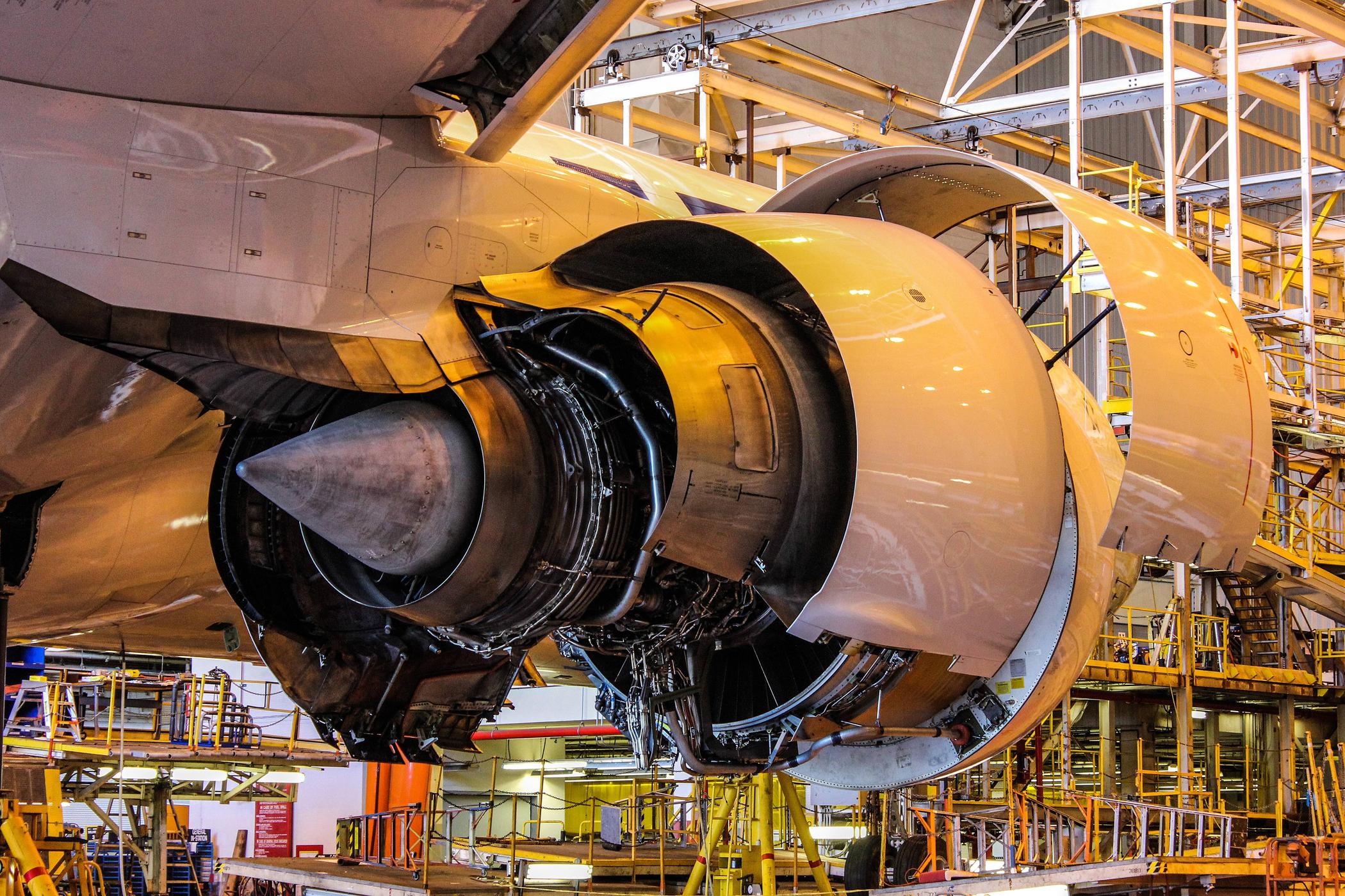 United 777-200 2 engine with cowlings removed