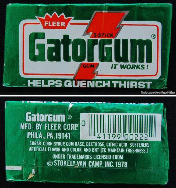 gator gum - Fleer 5Stick Gatorgum Gum. It Works! Helps Quench Thirst flickr.comwafflewhiffer Gatorgum Mfd. By Fleer Corp. Phila., Pa.19141 1114119900222 Sugar, Corn Syrup, Gum Base, Dextrose, Citric Acid, Softeners. Artificial Flavor And Color. And Bht To