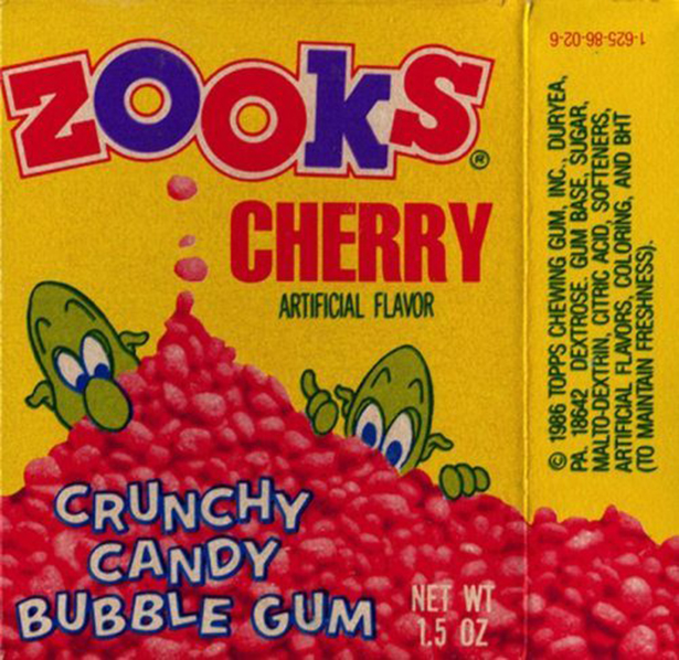 zooks candy - Bubble Gum Nsw Candy Crunchy Artificial Flavor zooks Cherry 1986 Topps Chewing Gum, Inc., Duryea, Pa. 18642 Dextrose. Gum Base, Sugar, MaltoDextrin, Citric Acid, Softeners, Artificial Flavors, Coloring, And Bht To Maintain Freshness. 1625860
