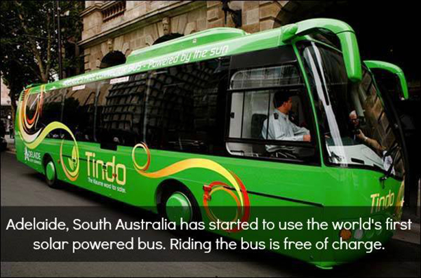solar bus - oneco by mne sun B Tindo Tinna Adelaide, South Australia has started to use the world's first solar powered bus. Riding the bus is free of charge.