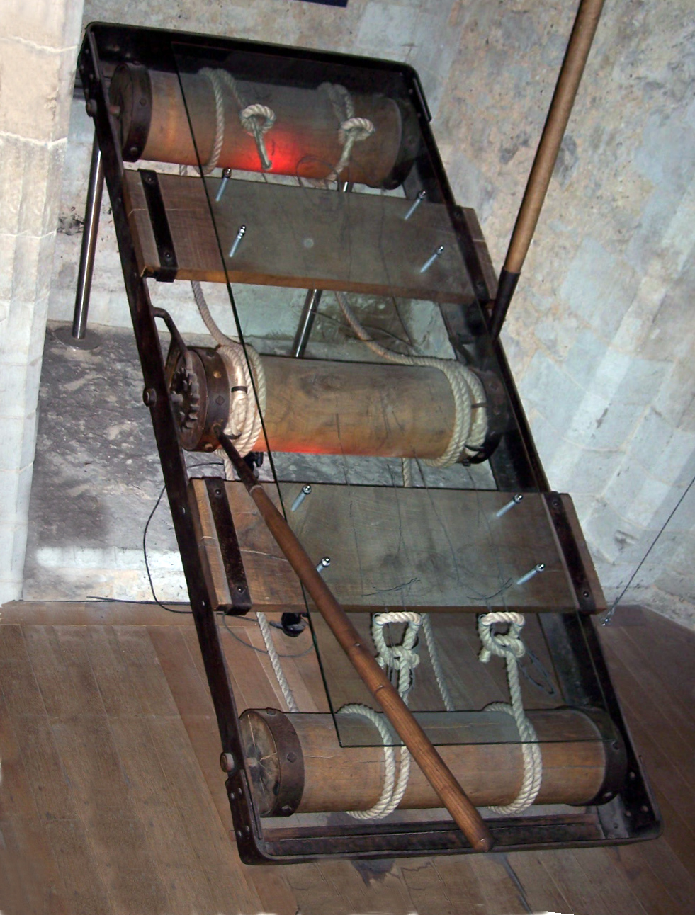 The Rack Torture - The torturer turned the handle causing the ropes to pull the victim's arms and legs. Eventually, the victim's bones were dislocated with a loud crack. If the torturer kept turning the handles, some of the limbs were torn apart, usually the arms.