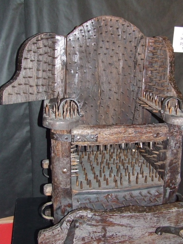 The Chair of Torture - There are many variants of the chair. They all have one thing in common: spikes cover the back, arm-rests, seat, leg-rests and foot-rests. The number of spikes in one of these chairs ranges from 500 to 1,500. To avoid movement, the victim's wrists were tied to the chair or, in one version, two bars pushed the arms against arm-rests for the spikes to penetrate the flesh even further. In some versions, there were holes under the chair's bottom where the torturer placed coal to cause severe burns while the victim still remained conscious.