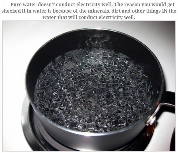 water boiling - Pure water doesn't conduct electricity well. The reason you would get shocked if in water is because of the minerals, dirt and other things In the water that will conduct electricity well.
