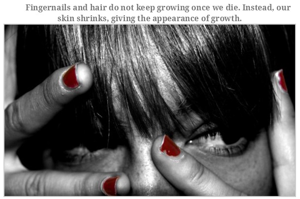 lip - Fingernails and hair do not keep growing once we die. Instead, our skin shrinks, giving the appearance of growth.