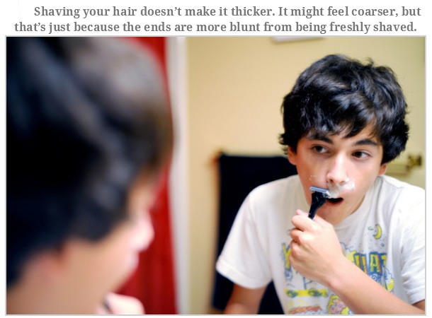 young boys shaving - Shaving your hair doesn't make it thicker. It might feel coarser, but that's just because the ends are more blunt from being freshly shaved.