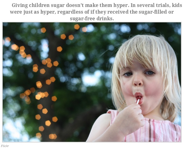 Giving children sugar doesn't make them hyper. In several trials, kids were just as hyper, regardless of if they received the sugarfilled or sugarfree drinks. Fliclor