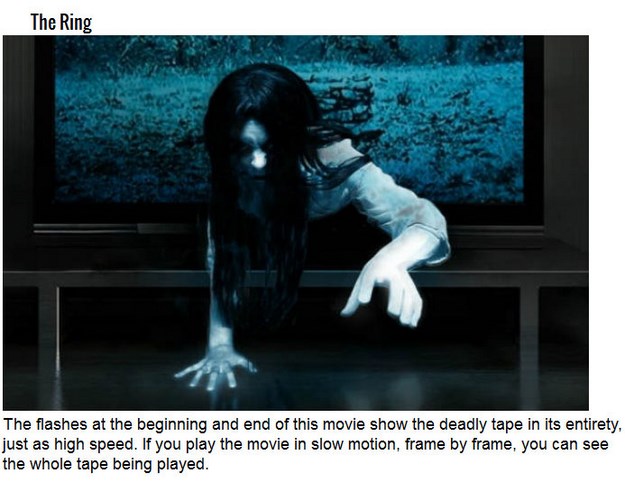 horror facts - The Ring The flashes at the beginning and end of this movie show the deadly tape in its entirety, just as high speed. If you play the movie in slow motion, frame by frame, you can see the whole tape being played.
