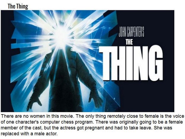 thing 1982 - The Thing Jan Carpenters There are no women in this movie. The only thing remotely close to female is the voice of one character's computer chess program. There was originally going to be a female member of the cast, but the actress got pregn