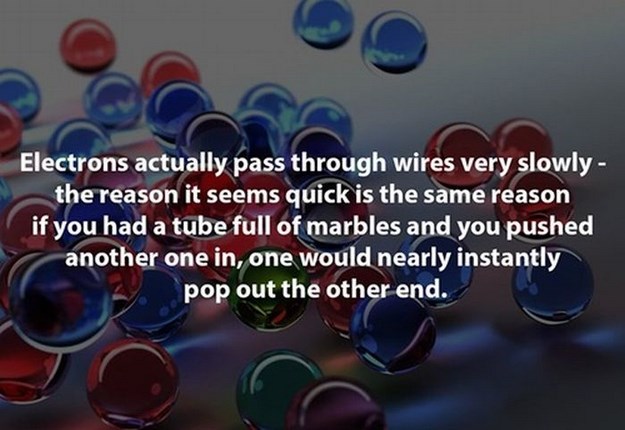 plastic - Electrons actually pass through wires very slowly the reason it seems quick is the same reason if you had a tube full of marbles and you pushed another one in, one would nearly instantly pop out the other end.
