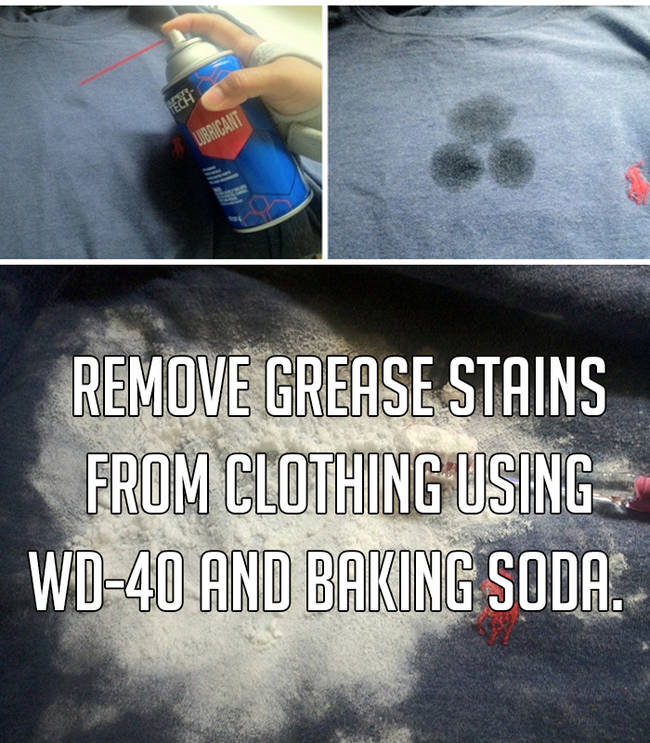 Stain - Lubricant Remove Grease Stains From Clothing Using Wd40 And Baking Soda.