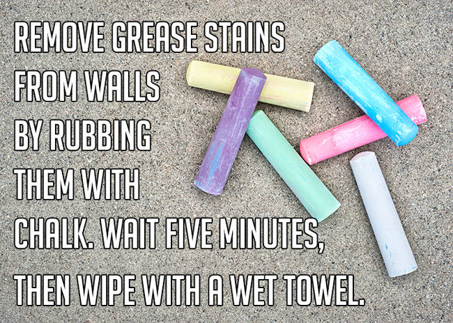 tricks cleaning tips - Remove Grease Stains From Walls By Rubbing Them With Chalk. Wait Five Minutes Then Wipe With A Wet Towel.