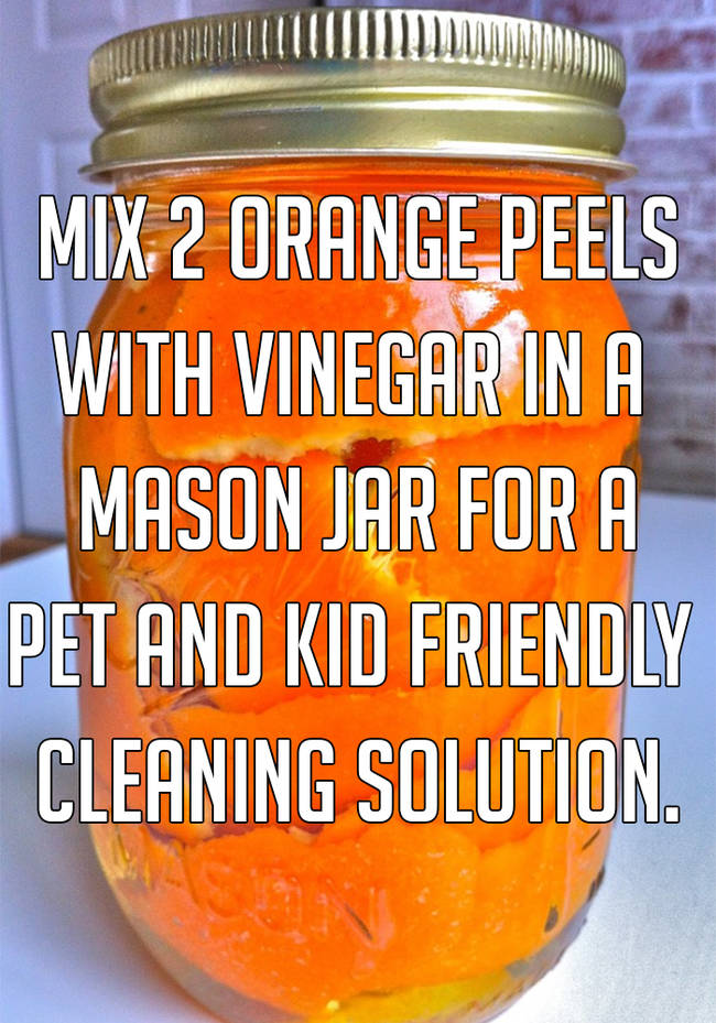 do with orange peels - Mix 2 Orange Peels With Vinegar In A Mason Jar For A Pet And Kid Friendly Cleaning Solution.