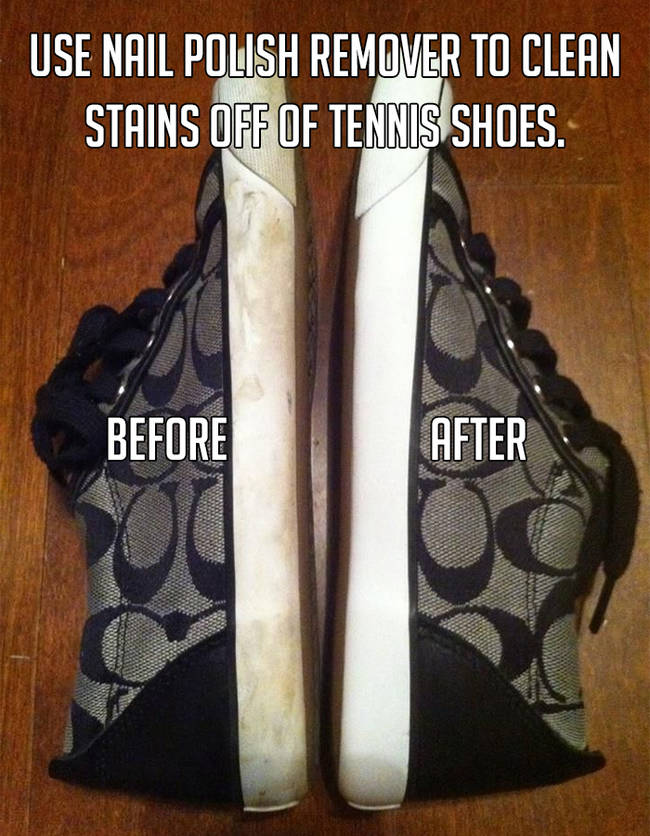cleaning sneaker tips - Use Nail Polish Remover To Clean Stains Off Of Tennis Shoes. Before After