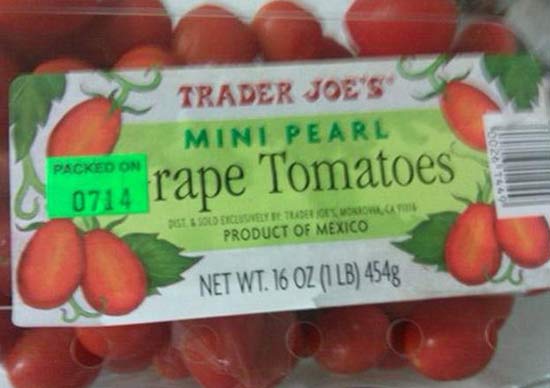 Sticker - Trader Joe'S Mini Pearl 0714 rape Tomatoes Packed On Sold By Fladergono Product Of Mexico Net Wt. 16 Oz 1 Lb 454g