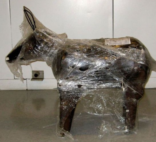 A metric ton of weed inside this hollowed out wooden donkey sculpture.