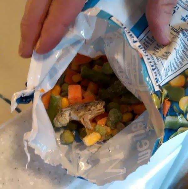 A frozen frog inside your bag of frozen vegetables.