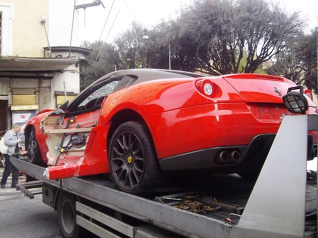 Pictures shown the destroyed Ferrari with its right front wheel torn off and the front end of the car damaged. The car owner’s insurance company is investigating the accident and it appears the nearly half-million dollar car will be a total loss. Roberto Cinti has been treated at a local hospital for minor accident related injuries.