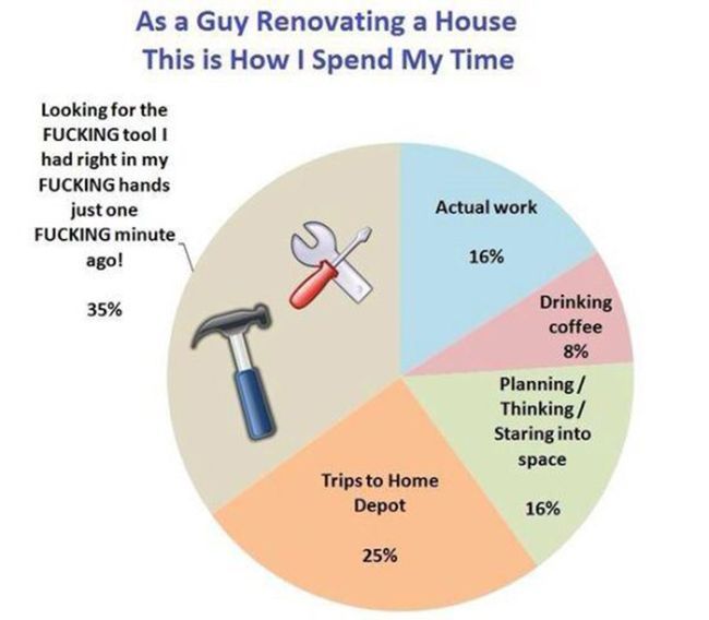 house renovation funny - As a Guy Renovating a House This is How I Spend My Time Looking for the Fucking tool I had right in my Fucking hands just one Fucking minute Actual work ago! 16% 35% Drinking coffee 8% Planning Thinking Staring into space Trips to