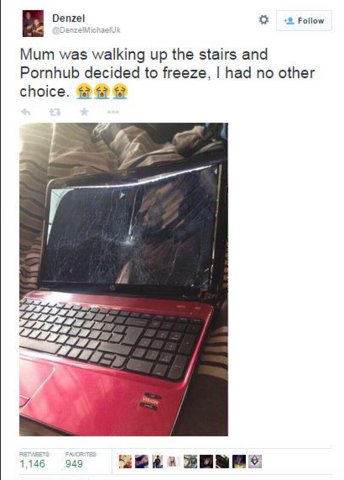 Instead of closing his computer like a normal person,Denzel decided to smash his laptop.