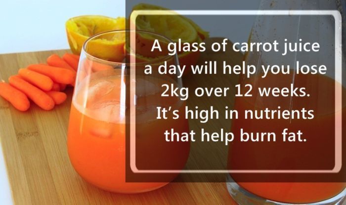 orange - A glass of carrot juice a day will help you lose 2kg over 12 weeks. It's high in nutrients that help burn fat.