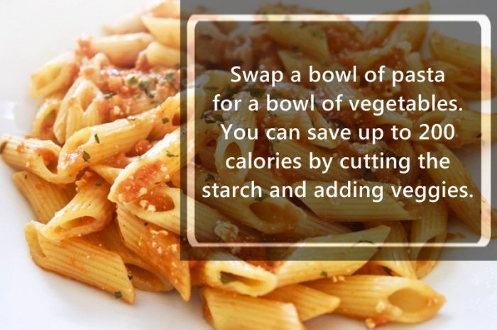 penne with tomato basil sauce - Swap a bowl of pasta for a bowl of vegetables. You can save up to 200 calories by cutting the starch and adding veggies.