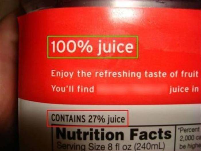 packaging lies - 100% juice Enjoy the refreshing taste of fruit You'll find juice in Contains 27% juice Percent Nutrition Facts 2000 Serving Size 8 fl oz 240mL be high