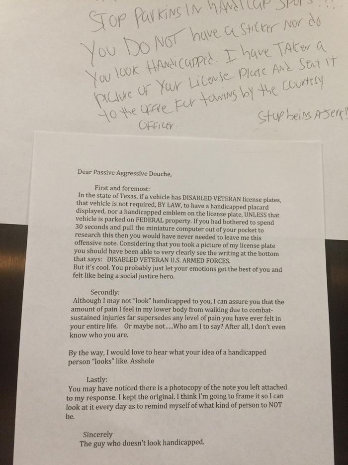 Disabled Veteran's Perfect Response To Note On Windshield