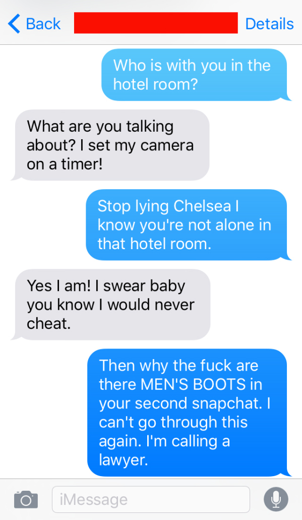 Text exchange between the man and his wife, she swears to him she would never cheat, he points out that there are men's shoes in the second pic. BUSTED. Says he is going to call a lawyer.