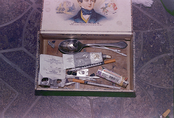 This police photo shows Cobain’s heroin kit complete with syringes and other paraphernalia kept in a cigar box.