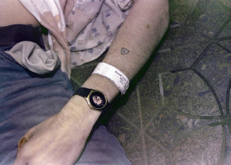 A photo of Kurt Cobain’s arm revealing his medical bracelet from a drug rehab center in LA that he checked out of days before returning to Seattle, where the Seattle Police Department says, he committed suicide.