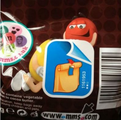 m&m sticker - 72ms 8.c. 1161953 e contains vegetable to cocoa butter. cation, keep bags away Young children and pets