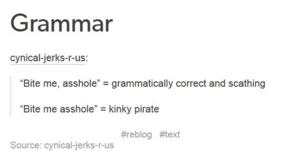 dark tumblr posts - Grammar cynicaljerksrus "Bite me, asshole" grammatically correct and scathing "Bite me asshole" kinky pirate Source cynicaljerksrus